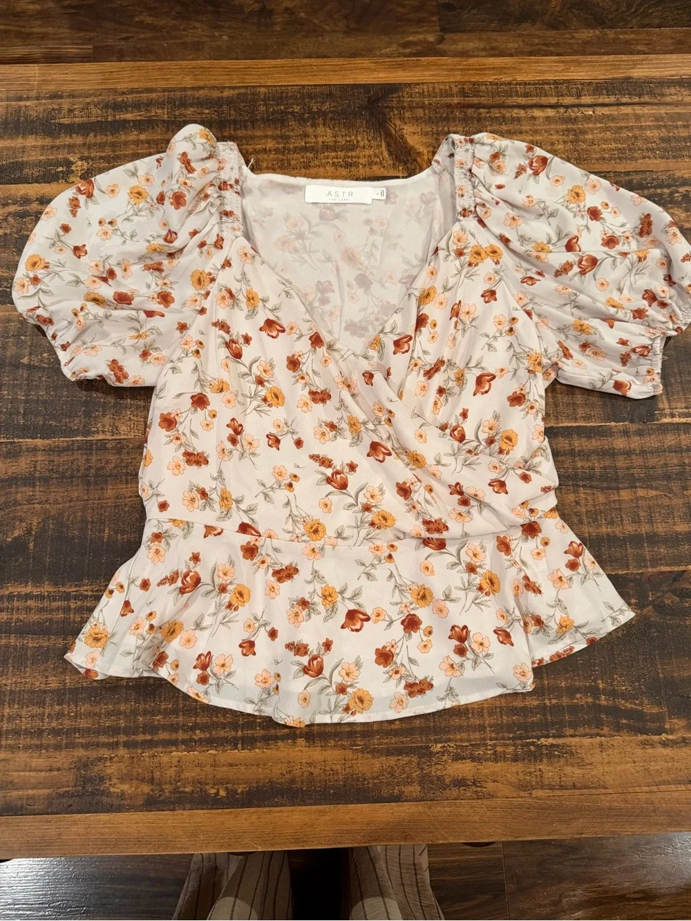 ASTR Cream Floral Wrap Blouse with Orange and Rust Flowers